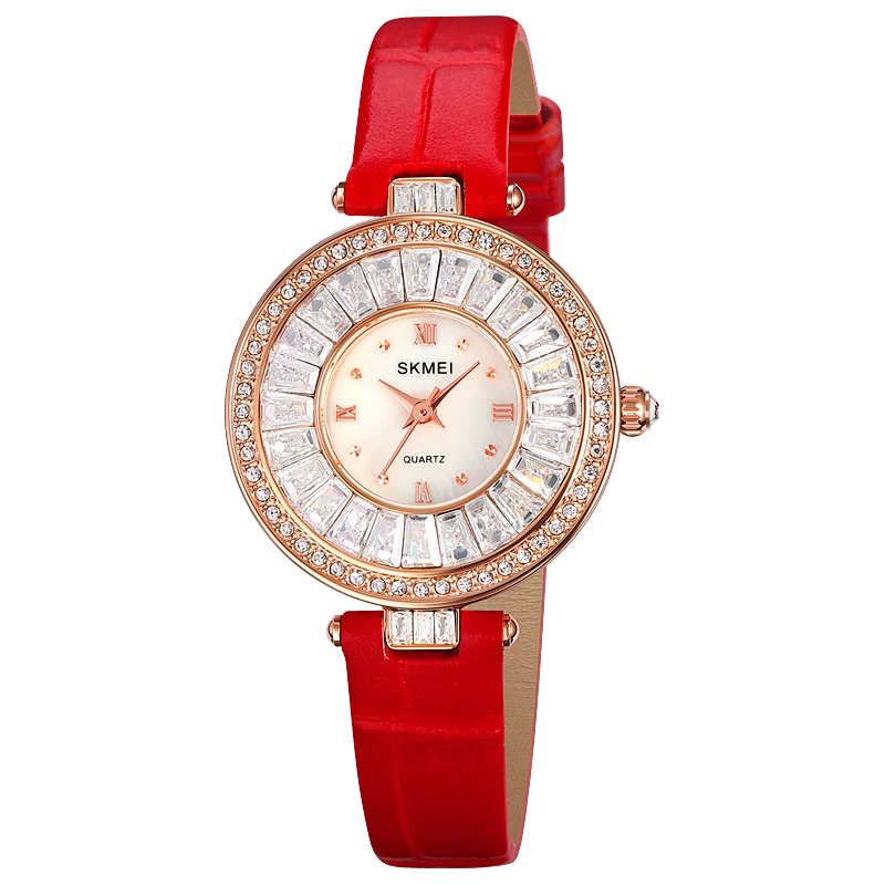 Skmei Luxury Diamond Dial Women's Leather Strap Quartz Waterproof Wristwatch