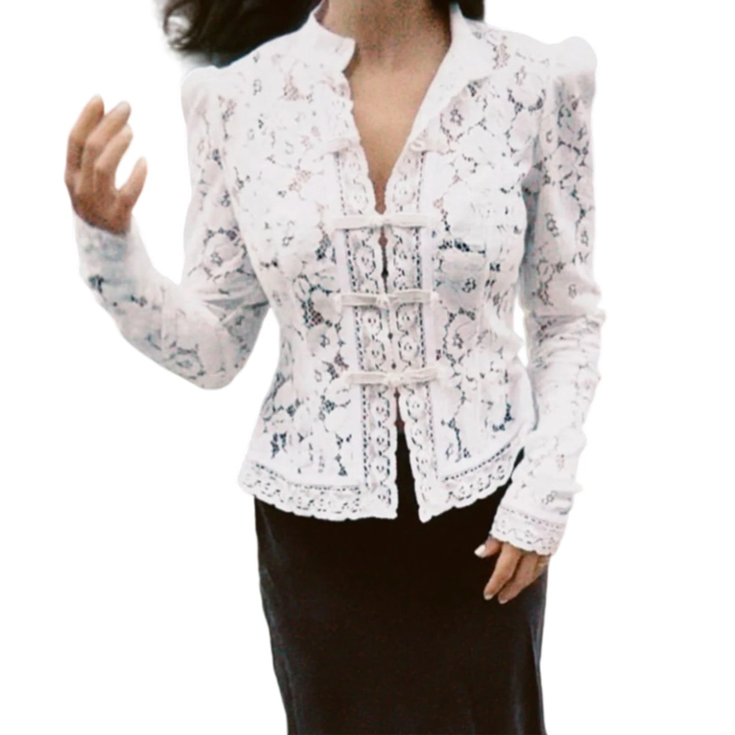 Women Floral Lace Blouse Long Sleeve Button Up For Work