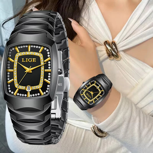 LIGE Diamond Quartz Womens Watch Ceramic Strap Waterproof