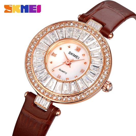 Skmei Luxury Diamond Dial Women's Leather Strap Quartz Waterproof Wristwatch