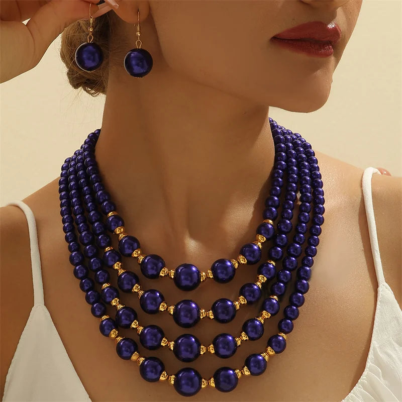 Women's African Beads Multi-Layer Bridal Wedding Necklace and Earrings Set