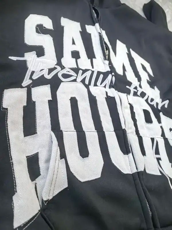 Lettering Embroidered Hoodie Zip Up Jacket Streetwear Sweatshirt