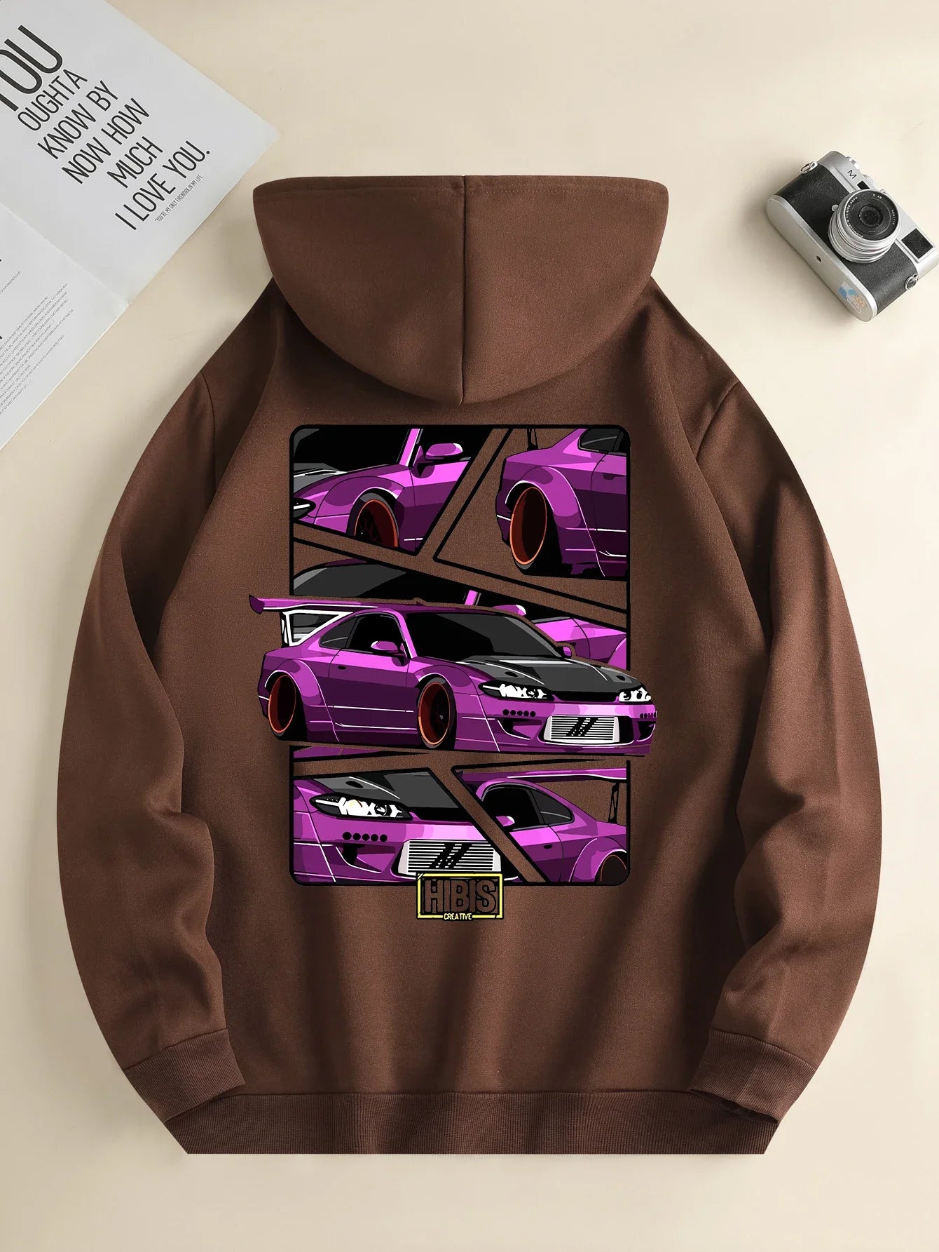 Men's Fashion Hoodie Sweatshirt Drawstring Hood Car Print Kangaroo Pocket