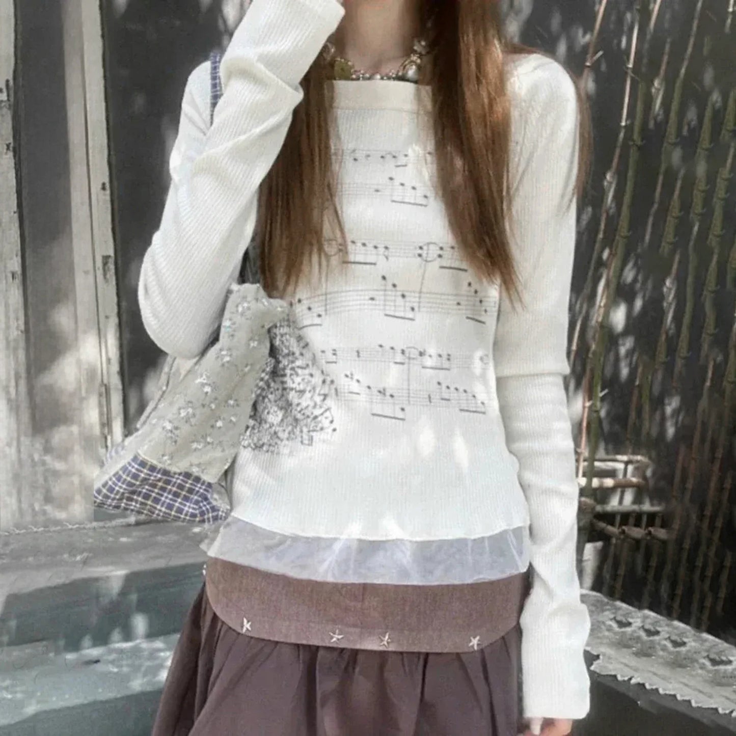 Hirigin Women Long Sleeve Boat Neck Music Note Patchwork Top