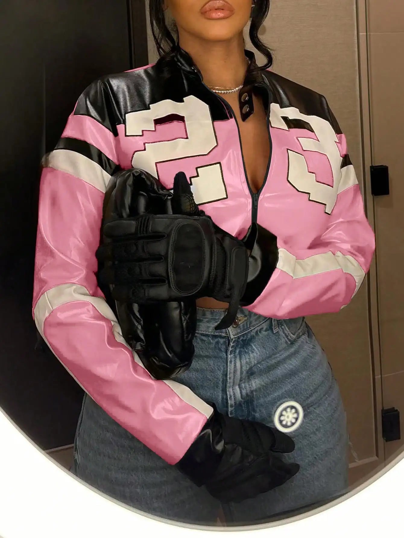 Clubwea Women's Faux Leather Motorcycle Style Jacket Zipper