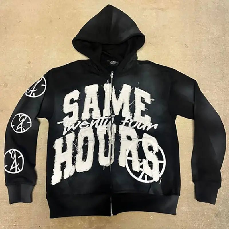 Lettering Embroidered Hoodie Zip Up Jacket Streetwear Sweatshirt