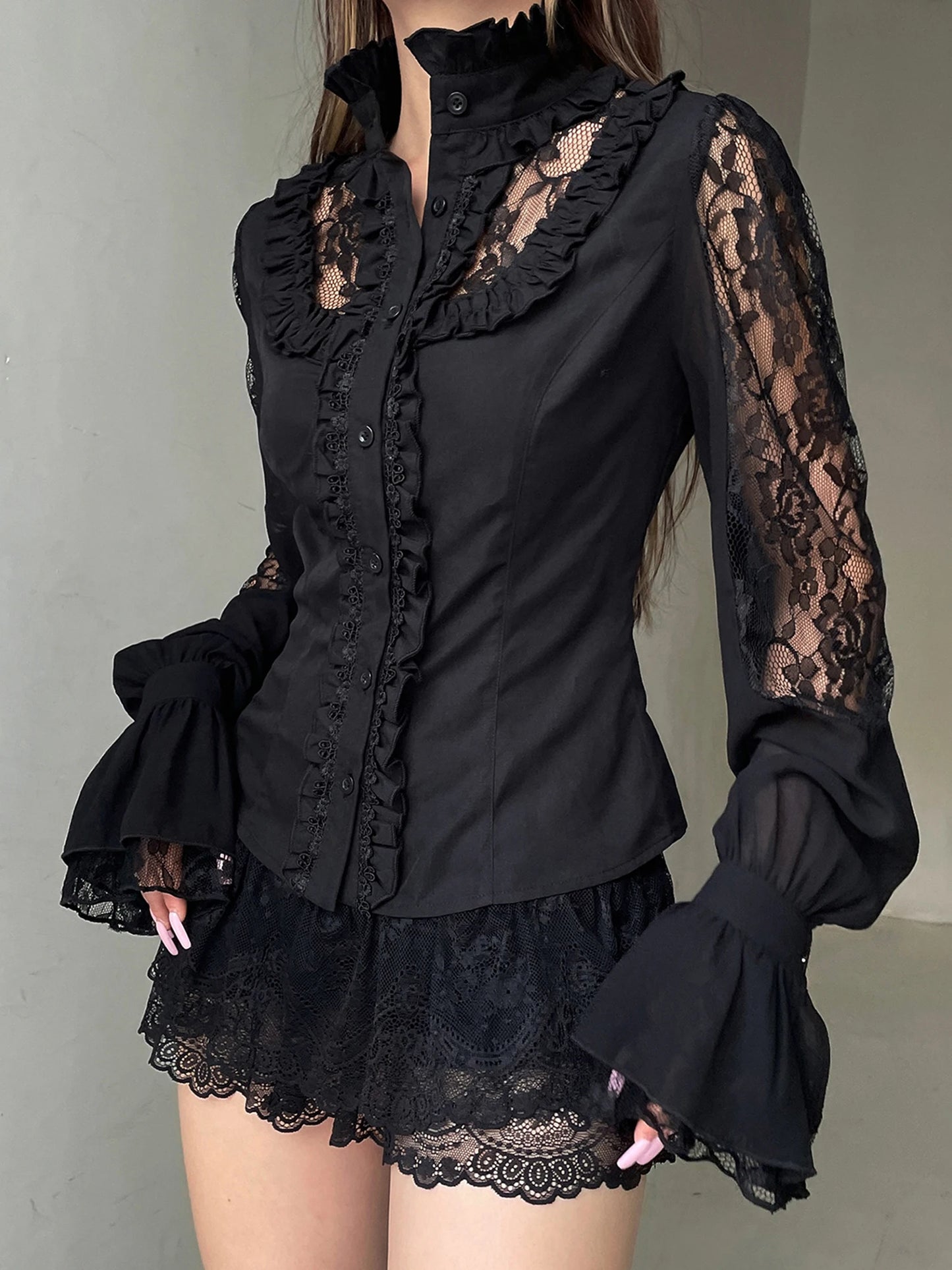 Hirigin Floral Embroidered Blouse with V Neck Long Sleeve