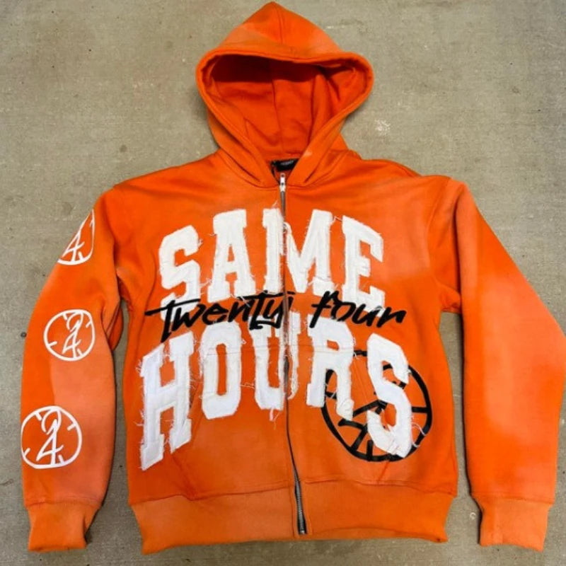 Lettering Embroidered Hoodie Zip Up Jacket Streetwear Sweatshirt