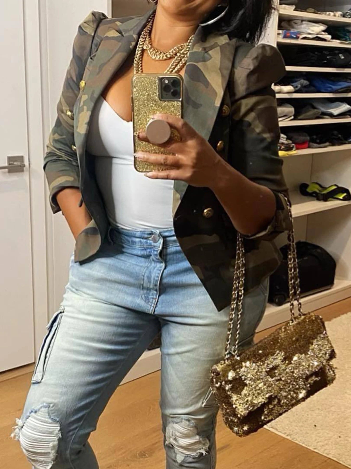 CN Camouflage Printed Double Breasted Jacket for Women