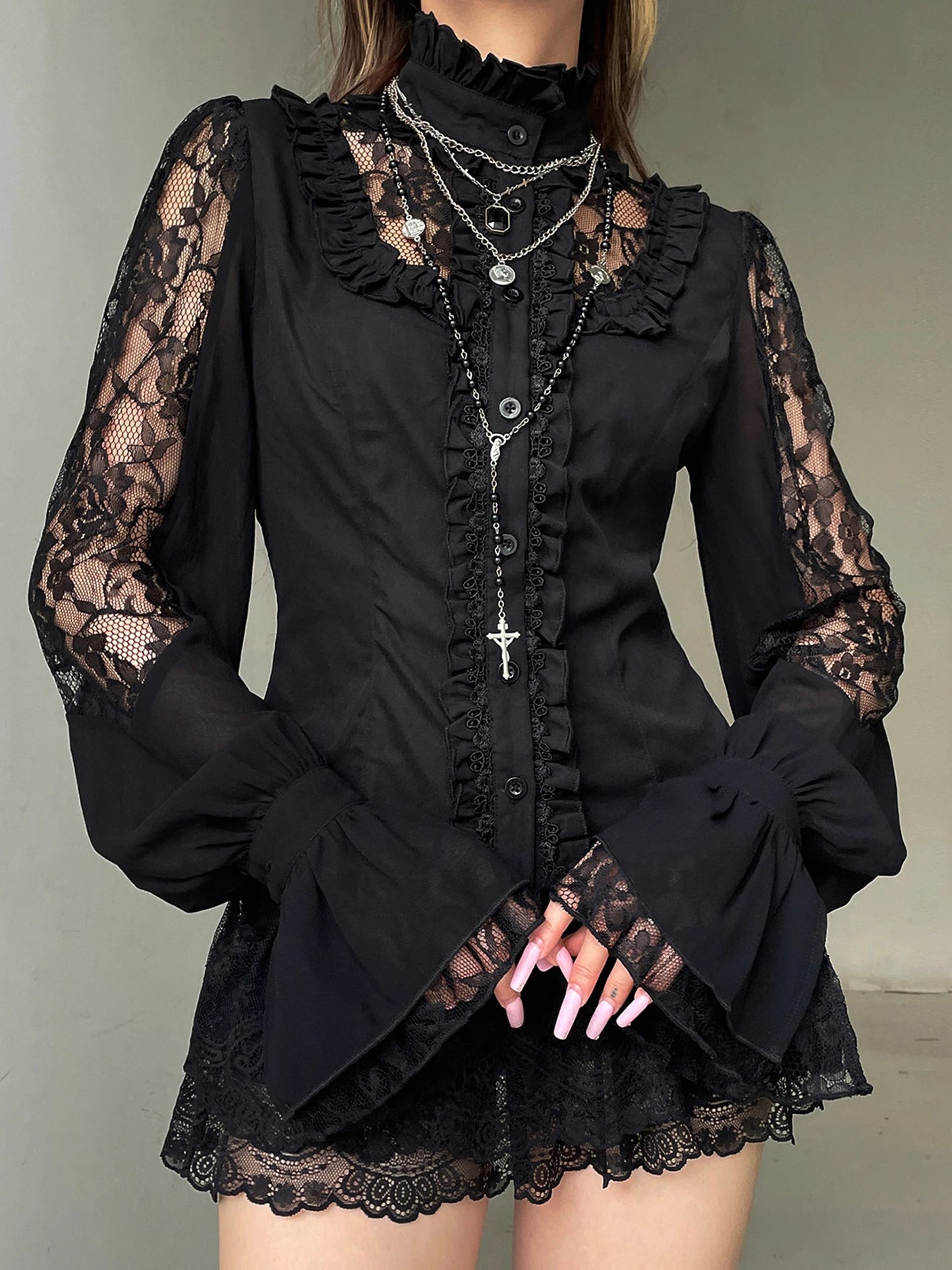 Hirigin Floral Embroidered Blouse with V Neck Long Sleeve