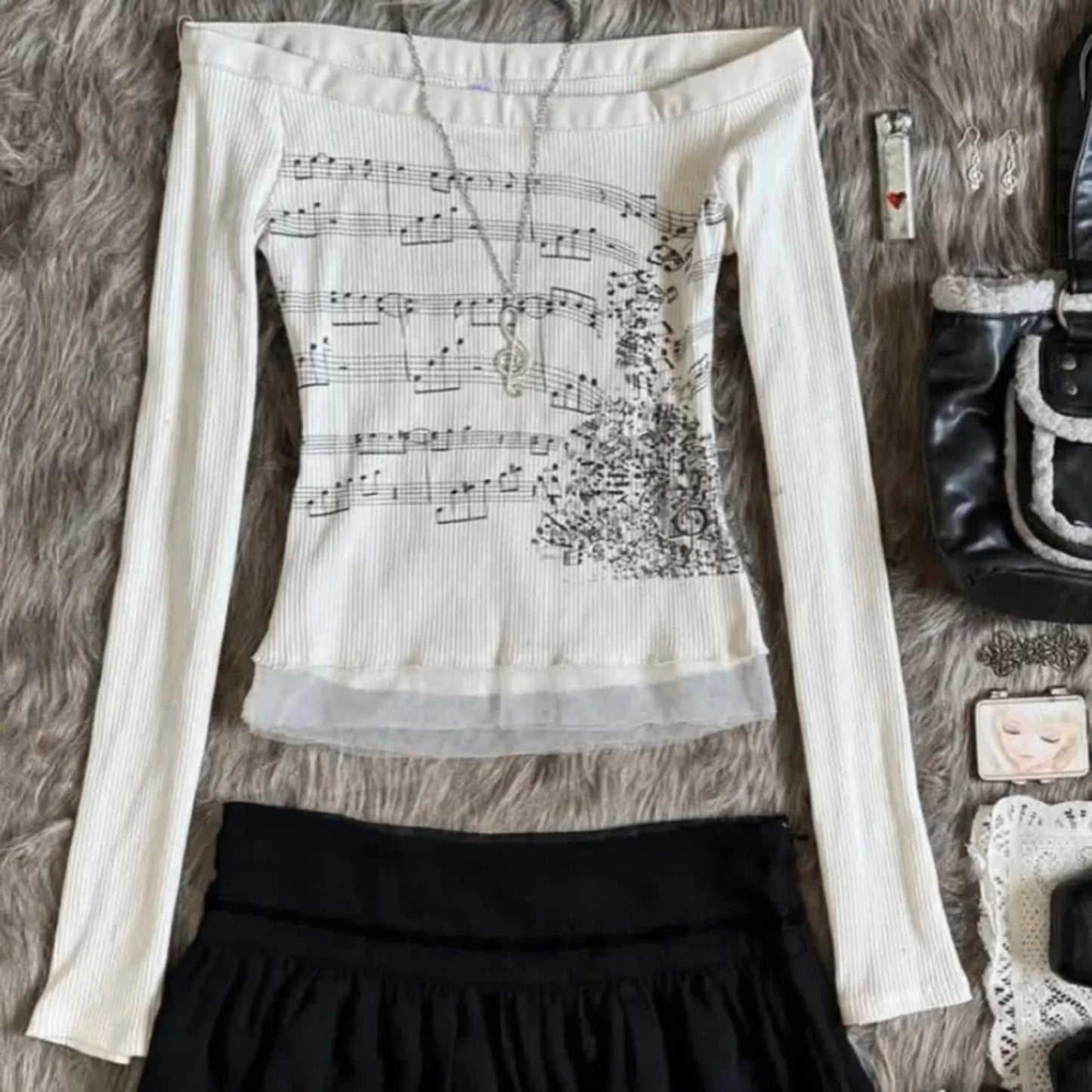 Hirigin Women Long Sleeve Boat Neck Music Note Patchwork Top