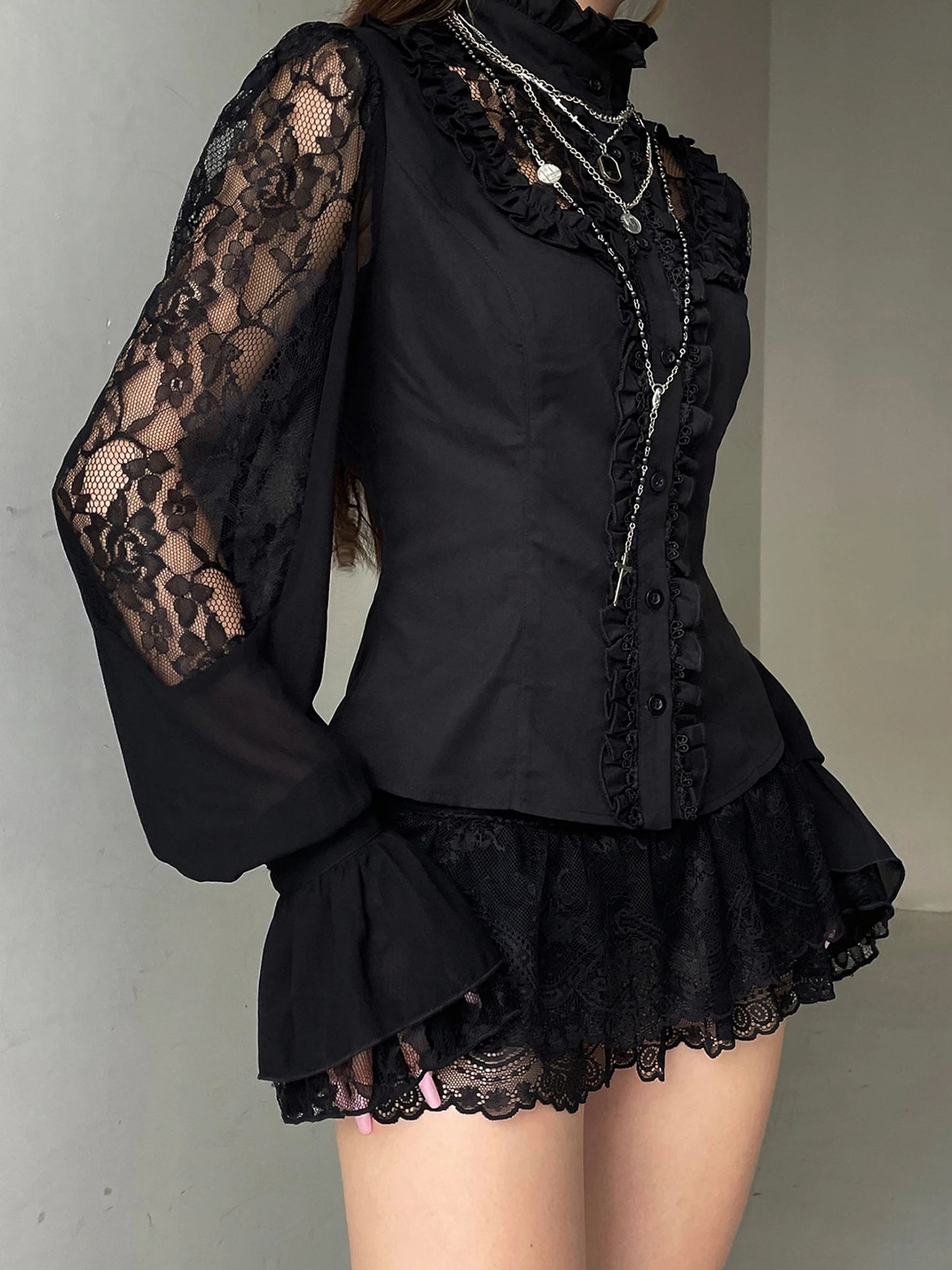 Hirigin Floral Embroidered Blouse with V Neck Long Sleeve