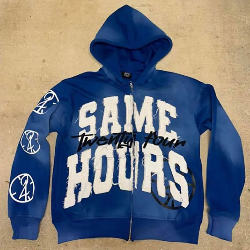 Y2K Lettering Embroidered Hoodie Zip Up Jacket Streetwear Sweatshirt