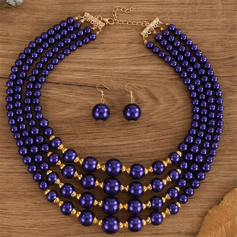 Women's African Beads Multi-Layer Bridal Wedding Necklace and Earrings Set