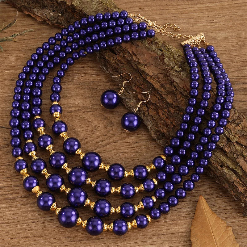 Women's African Beads Multi-Layer Bridal Wedding Necklace and Earrings Set