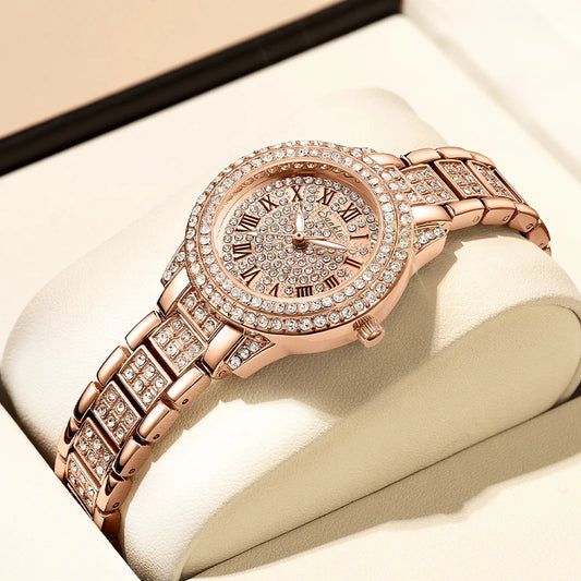 LIGE Women Luxury Quartz Wristwatch Classic Round Dial Rhinestone