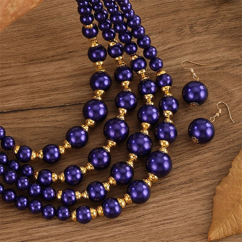 Women's African Beads Multi-Layer Bridal Wedding Necklace and Earrings Set