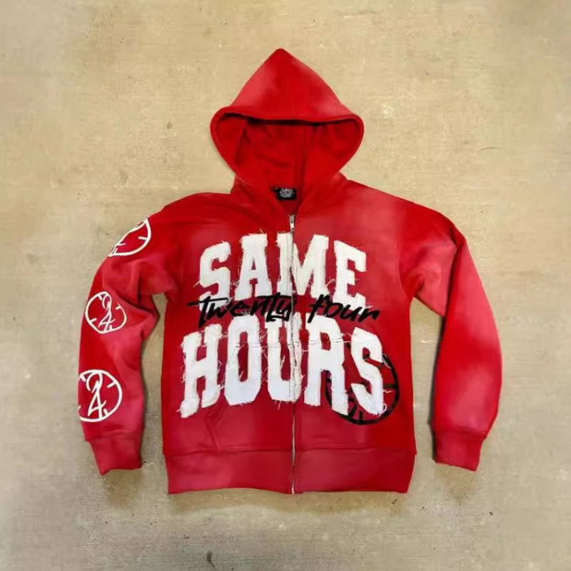 Y2K Lettering Embroidered Hoodie Zip Up Jacket Streetwear Sweatshirt