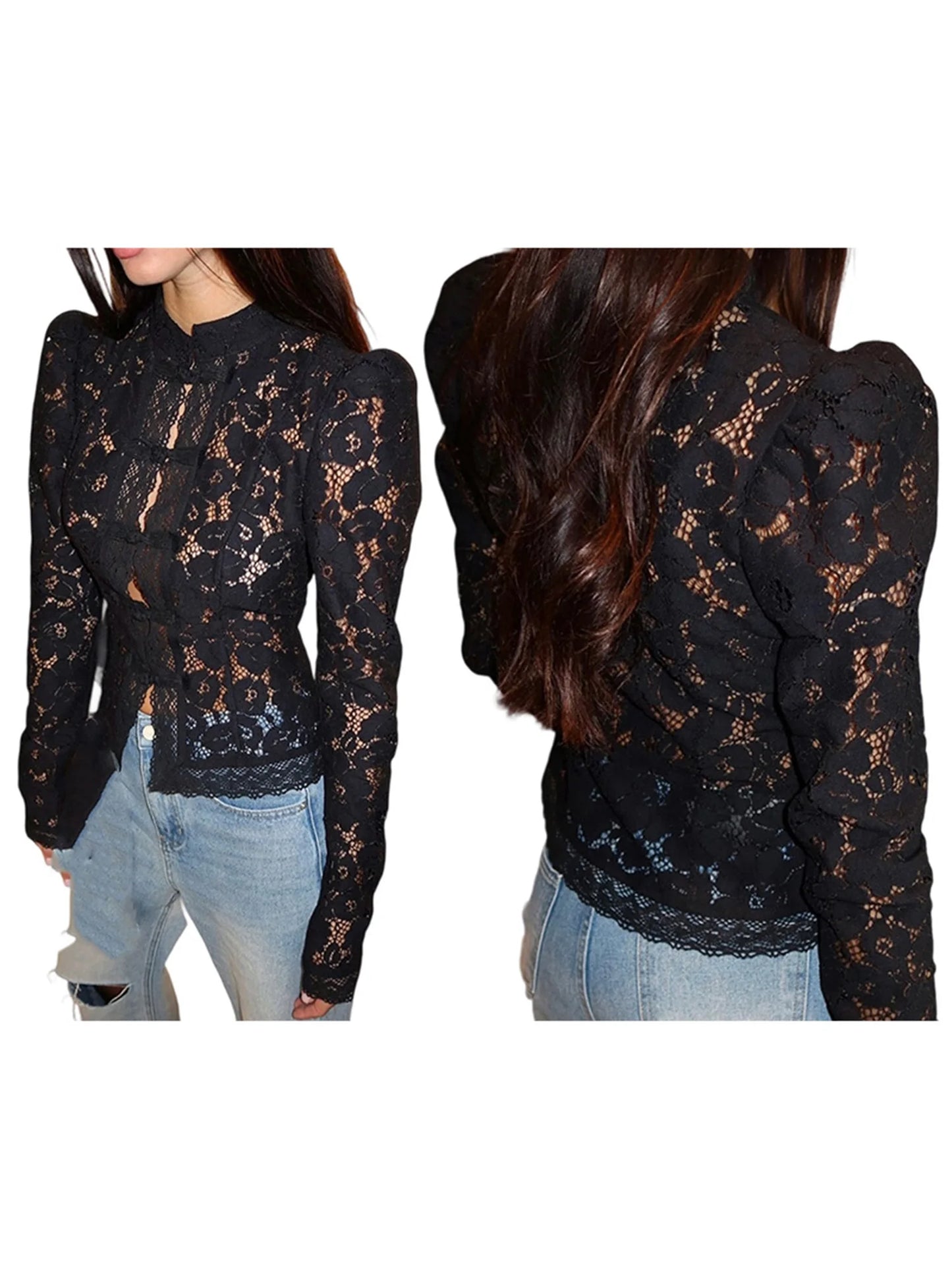 Women Floral Lace Blouse Long Sleeve Button Up For Work