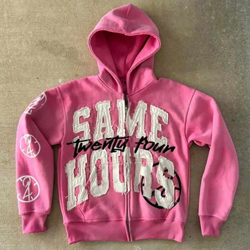 Lettering Embroidered Hoodie Zip Up Jacket Streetwear Sweatshirt