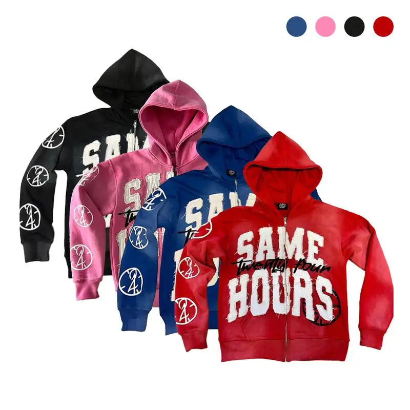 Lettering Embroidered Hoodie Zip Up Jacket Streetwear Sweatshirt
